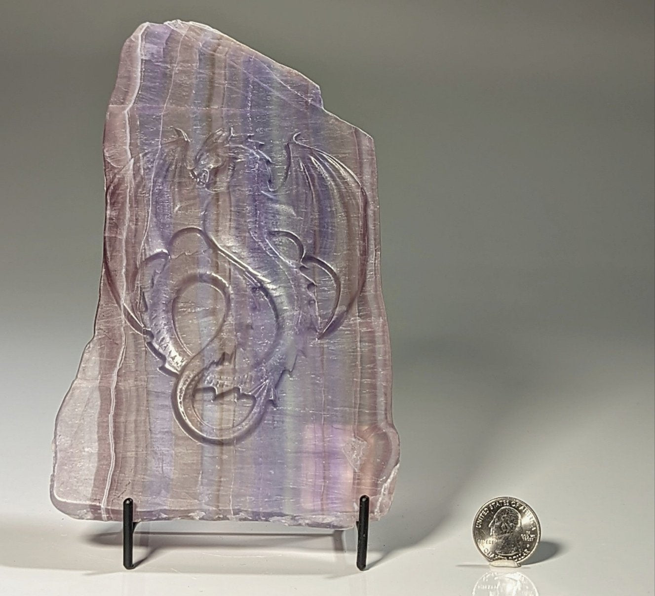 Lavender Fluorite Slab with Carved Dragon Etching Statement Piece