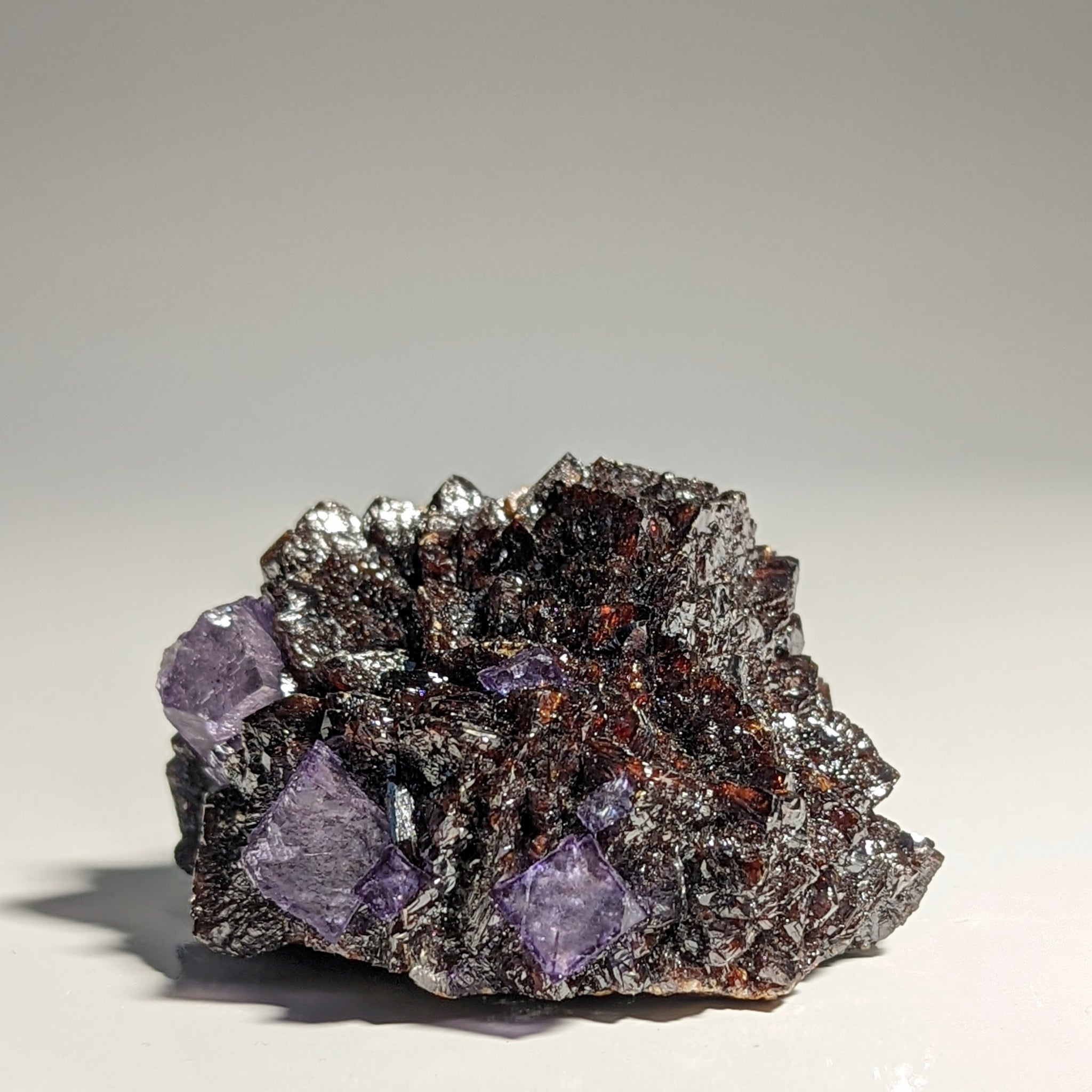 Cubic Purple Fluorite on Sphalerite, Vibrant purple, red, and black colors